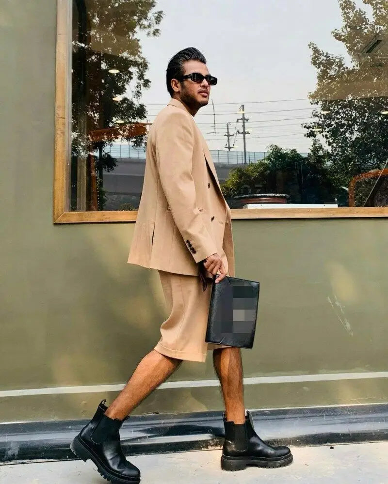 Costume Homme Summer Stylish Men's Suits Tailor-Made 2 Piece Suit Double Breasted Blazer and Short Pants Set Customized