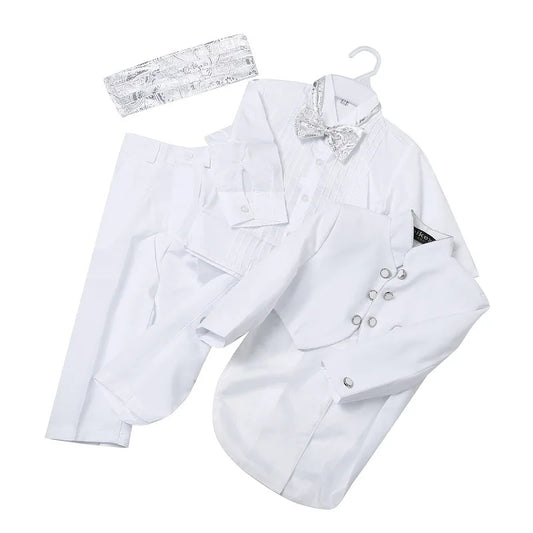 Boy Tuxedo Suit Black White Blazers Size 1T-4T Stage Shows Wear Children Coat Pant Shirt Tie Belt 5pcs Boy Formal Wedding Suits