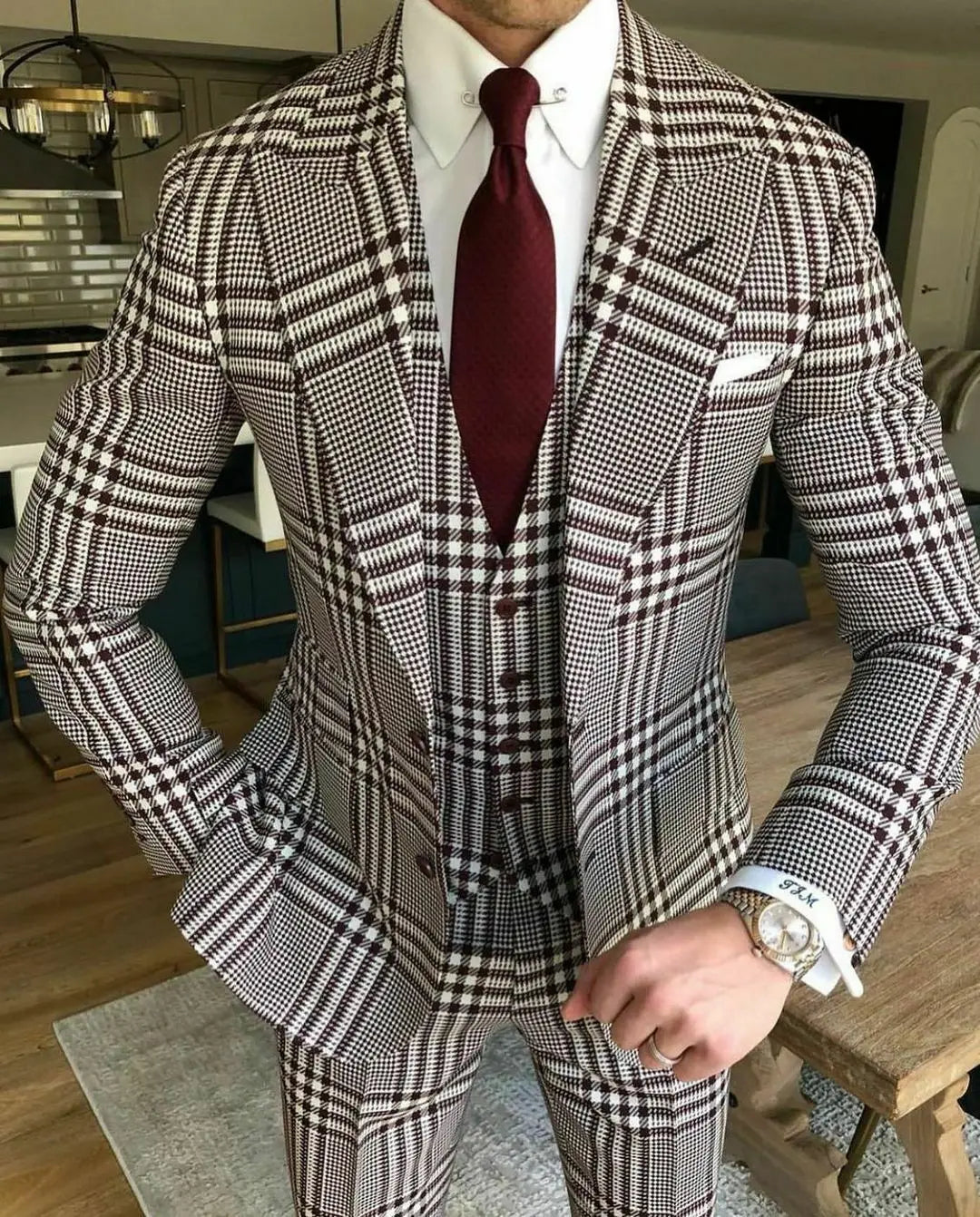 Business Men Suits Tailor-Made Plaid Tuxedo 3 Pieces Blazer Plaid Wedding Groom Groomsman Party Singer Casual Prom Tailored