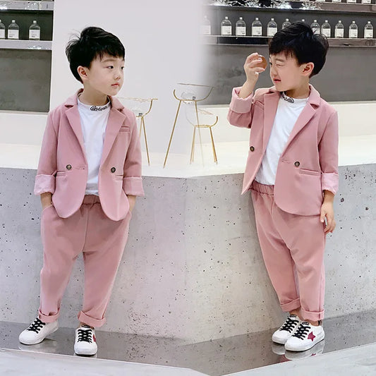 Teenager Boys Pink Black Jacket+Pants 2Pcs Clothing Set Gentleman Kids Formal Wedding Suit Children Performance Graduation Dress