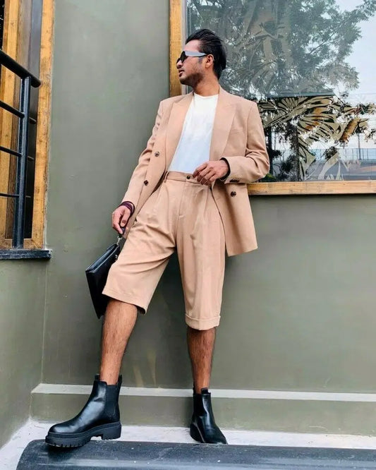 Costume Homme Summer Stylish Men's Suits Tailor-Made 2 Piece Suit Double Breasted Blazer and Short Pants Set Customized