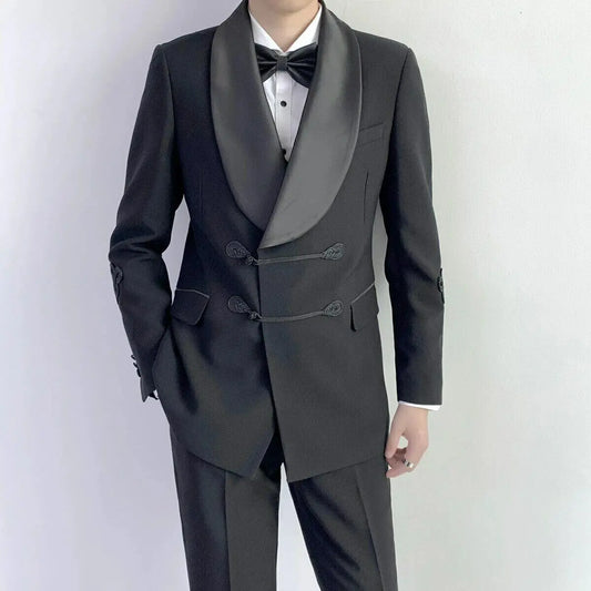 Men Suits Costume Homme Wide Lapel Slim Fit Wedding Groom Prom Formal Blazer Tailor-Made 2 Pieces Black Customized