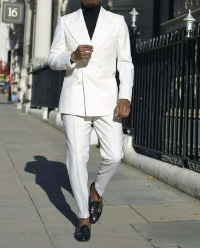 Costume Homme 2 Pieces Men Suit White Color Beach Wedding Formal Suits Peak Lapel Jacket Pants Causal Prom Customized