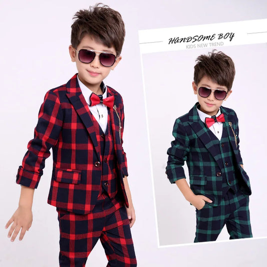 Flower Boys Formal School Suits for Weddings Boys Brand Plaid Blazer Vest Pants 3pcs Tuxedo Kids Prom Party Dress Clothing Sets