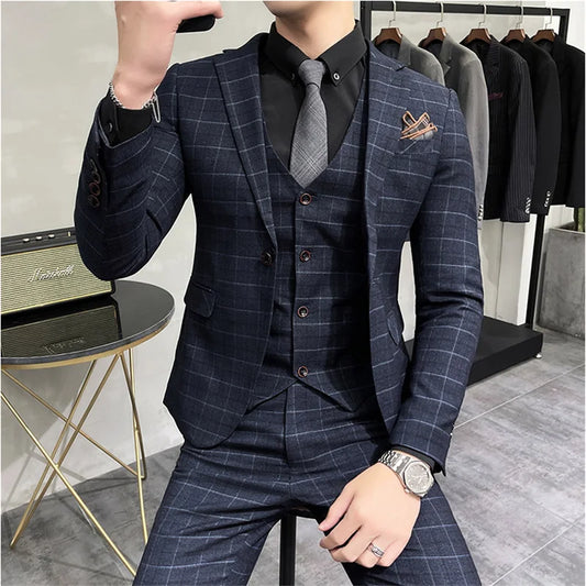 (Jackets +Pants+Vest) Luxury Men Groom Wedding Tuxedo Fashion Plaid Business Suits High Quality Casual Business Suit Three-piece