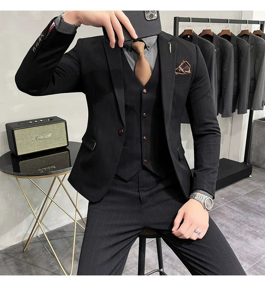Men's Slim Fit Plaid Suit Set – Retro British Style Blazer, Vest & Pants for Weddings and Formal Occasions