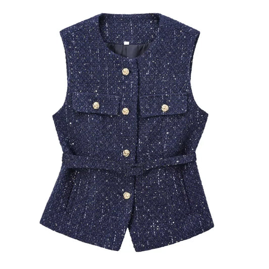 Female Vest Sleeveless Jacket Women Waistcoat Office Wear Woman Tweed Jacket Demi-Season Cropped Blue Black Off White Vest