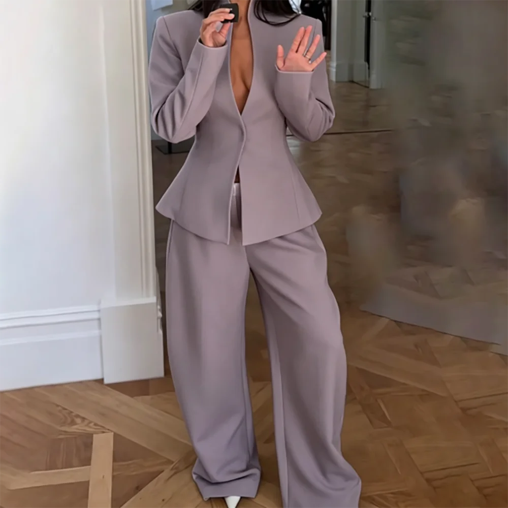 Women Dark Olive Hidden Button Suit Stand Collar Deep V Blazer Pants Full Set Formal Business Wedding Guest Two Piece Outfit