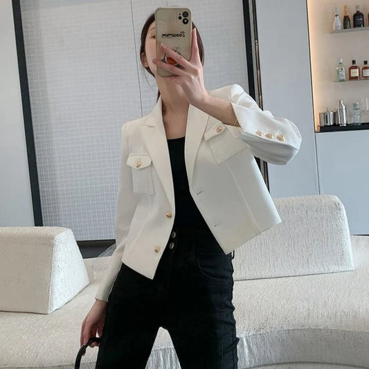 Women's New Petite Short White Suit Jacket Blazer Premium Casual Solid Color Spring Autumn Korean Style Elegant Temperament