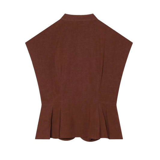 Waist Cinched Lotus Leaf Hem Shirt Summer New Stand Collar Sleeveless Blouses Single Breasted Chic Ladies Tops Mujer