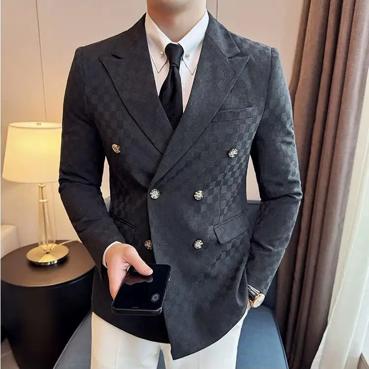6 Color Luxury Double Breasted Blazers Coats 2024 New Fashion Checkered Business Slim Fit Social Formal Suit Jacket 5XL-M