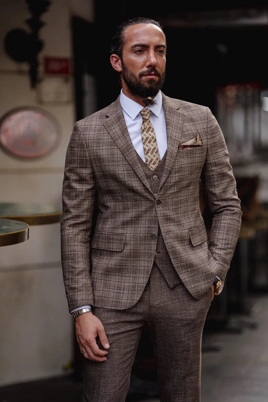 Checkered Pinstripe Men's Suit 3 Pieces Blazer Pants Single Business Formal Work Wear Wedding Groom Plus Size Costume Homme