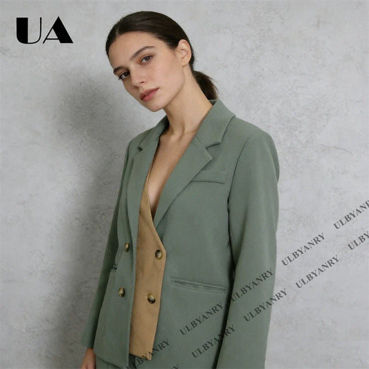 Women’s Color Block Blazer Double - Breasted Vintage Suit Business Work Casual Chic Jacket