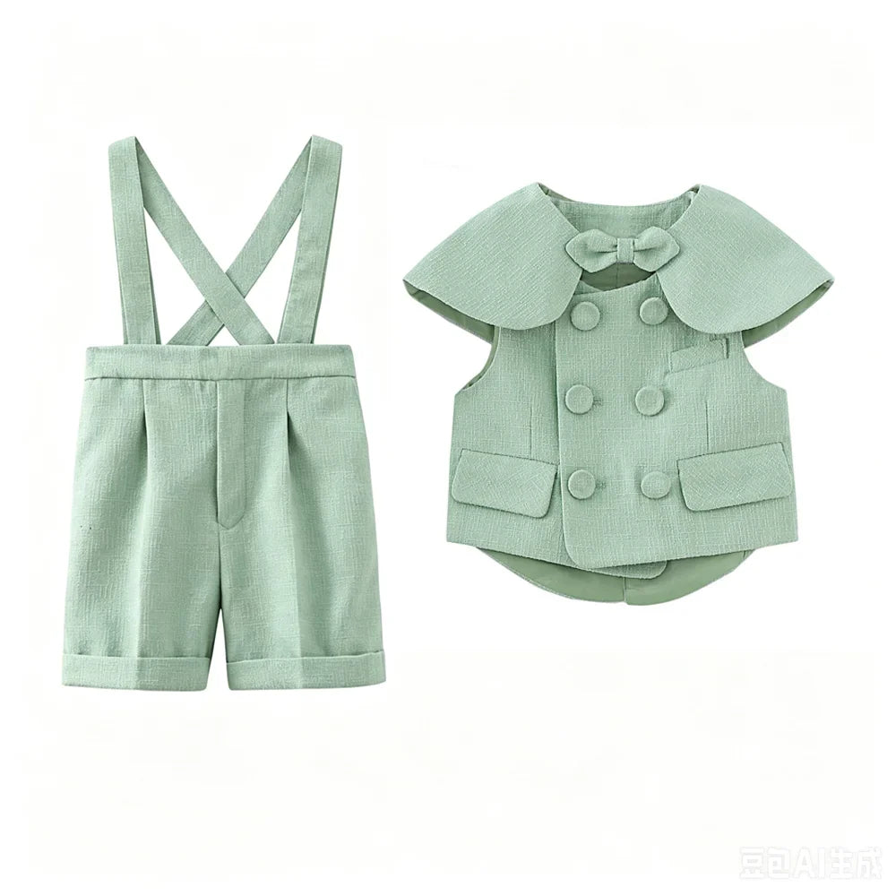 6Pcs Toddler Baby Boy Suit Light Green Waistcoat Shorts Bow Shawl Hat Kids Gentleman Outfit For Birthday Wedding Photo Shoot