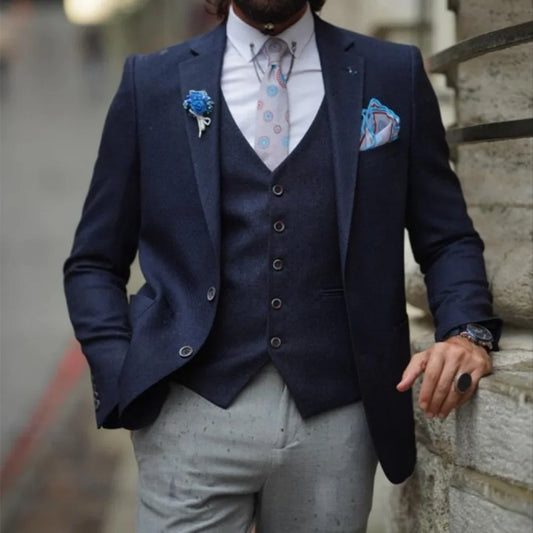 Elegant Men's Suits Navy Blue Notch Lapel Jacket With Vest Gray Pants Custom Made Wedding Formal Wear 3 Pieces Trajes De Hombre