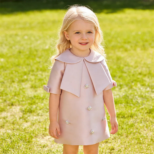 Girls Satin Dress | Half Sleeve Princess Dress with Pearl Detail | Pink | Birthday & Special Occasions