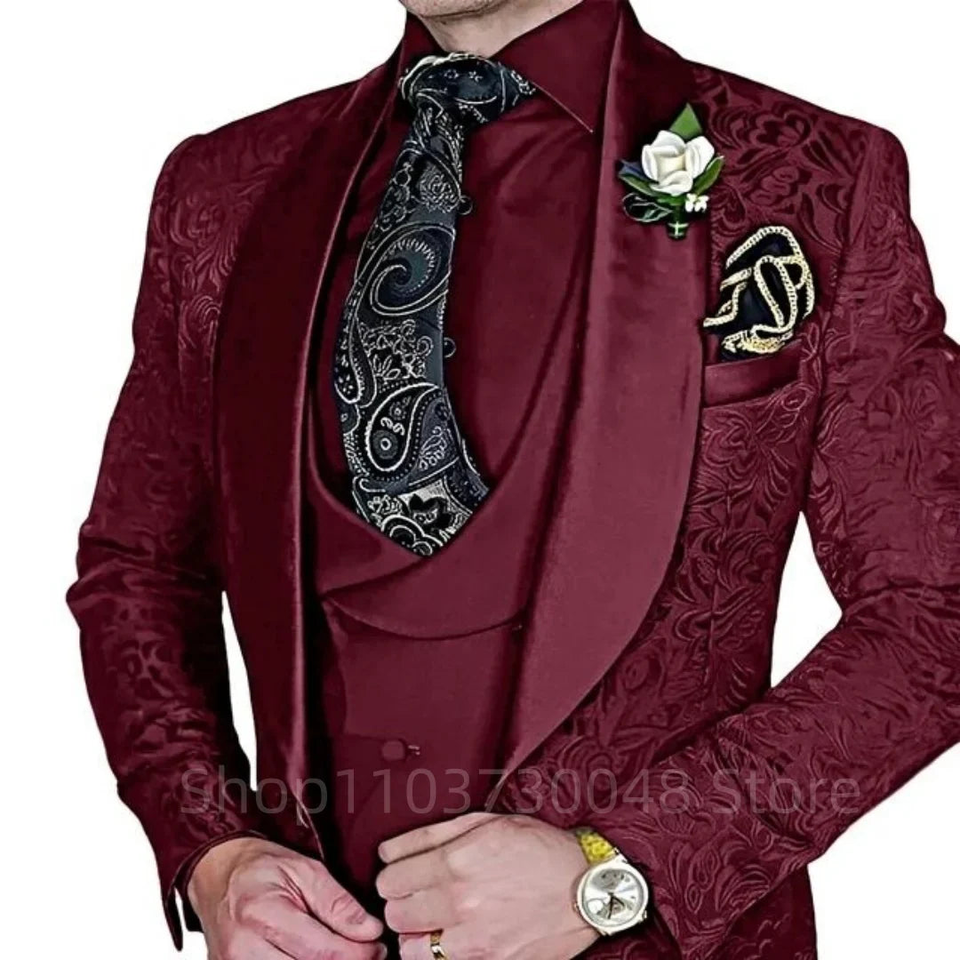 Fashion Jacquard 3-Piece Men's Tuxedo Suit with Shawl Lapel Slim Fit Blazer Vest Pants for Business Wedding Prom Party