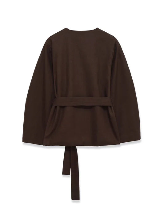 Women's Chic Solid Color Open Blazer Coat with Belt Loose Fit Long Sleeve Female Outerwear Stylish Top
