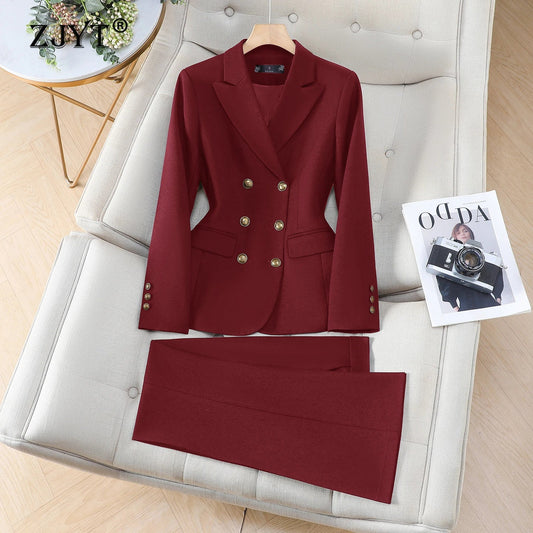 Autumn Double Breasted Blazer Trousers Suit Two Pieces Womens Outfit Elegant Chic Formal Business Top and Pants Sets Red