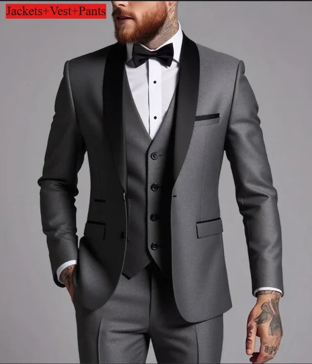 Ensemble de costume habillé pour homme, coupe ajustée, décontracté pour affaires, smoking de mariage, manches longues, revers crantés, marié