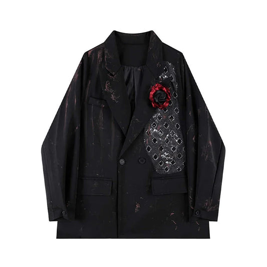 Women Black Gothic Emo Blazer Jacket Vintage 3D Floral Coat Jacket Harajuku Tie-Dyed Long Sleeve Outerwear 2000s Clothes Autumn