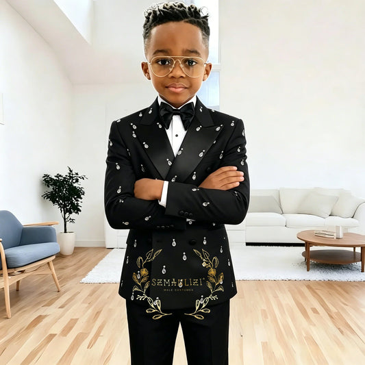 Boy's Suits 2 Pieces Black Beads Crystals Slim Fit Double Breasted Boy's Outfit Wedding Party Flower Children Sets(Blazer+Pants)