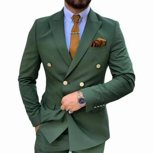 Solid Wedding Men's Suit Slim Fit Peak Lapel Double Breasted Blazer Formal Business Tuxedos 2-Piece Jacket+Pants for Party Prom