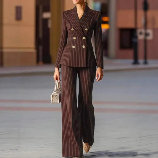 Autumn Pant Suit Women Striped Female Business Work Wear Jacket Blazer Trouser Formal 2 Piece Set Women's Clothing