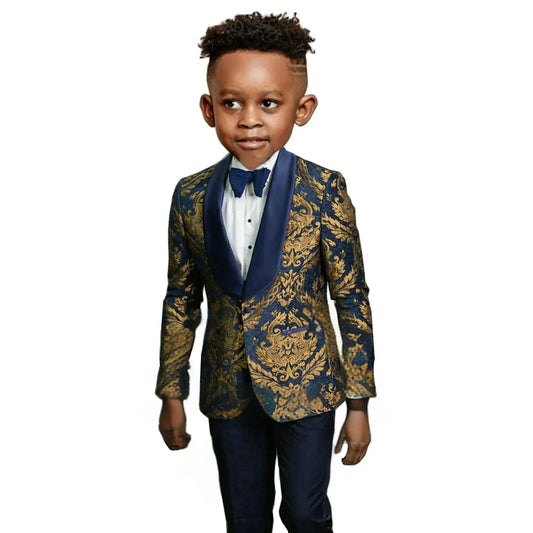 Boys 3-Piece Suit Set Luxury Gold Paisley Kids Wedding Ring Bearer Formal Tuxedo