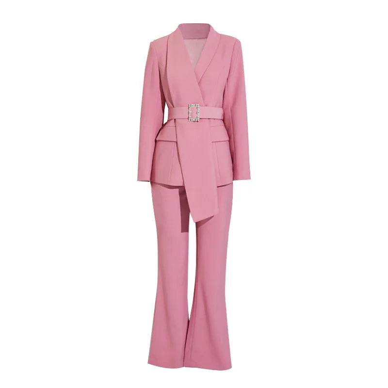 High Quality Women Belt Business Attire blazers Trousers Suits Set 2 Piece Elegant Slim Fit Pink Formal Office Lady Blazer Suits