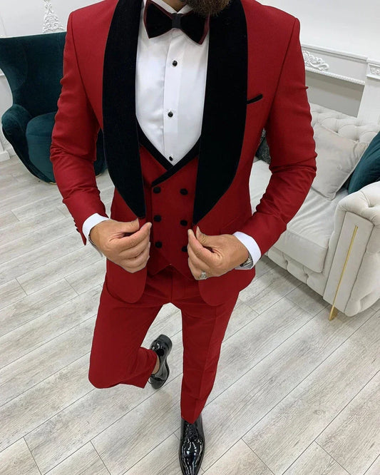 Autumn Winter Burgundy Elegant Men Suit Formal Wedding Groom Tuxedo Slim Fit Blazers Shawl Lapel High Quality Custom 3 Piece Set