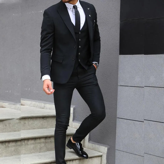 Navy Blue Stripes Double Breasted Suits Men 2 Pieces Slim Fit Men's Wedding Suits Blazer Groom Tuxedo Jacket with Pants Set