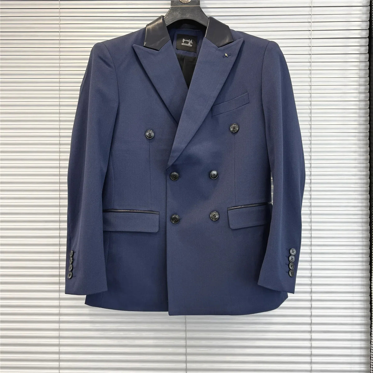 (1 Pcs Jackets) New Thicken Thicken Striped Casual Suit Jacket Fashion Splicing Leather Neck Men's Business Slim Blazers Tuxedos