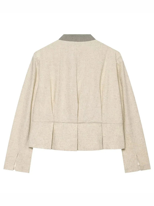 Women's Minimalist Linen Blend Stand Collar Blazer Elegant Long Sleeve Tailored Jacket Office Business Casual Short Coat