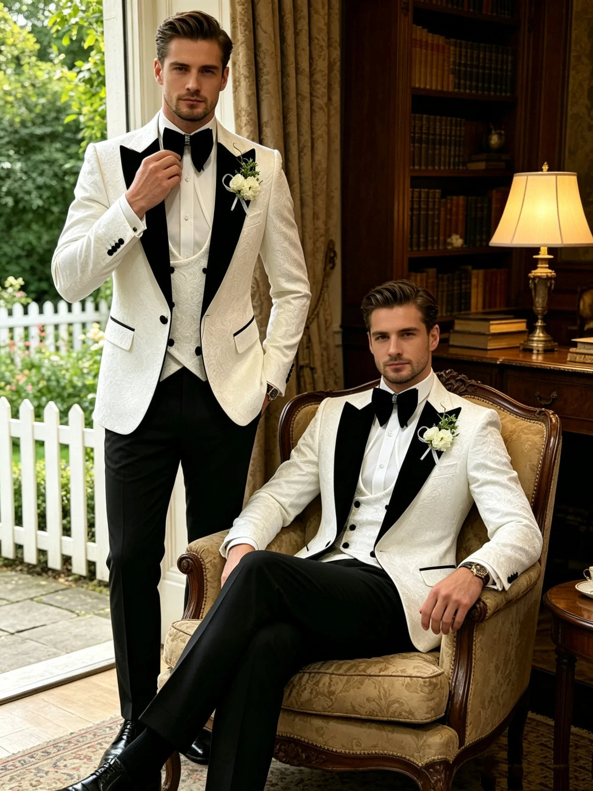 White Floral Pattern Groom Tuxedo for Wedding Dinner Slim Fit Men Suits with Black Velvet Lapel 3 Pieces Fashion Costume Outfits