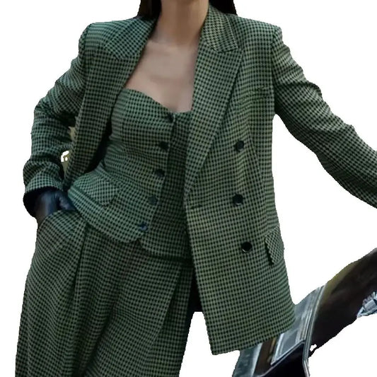 Elegant Houndstooth Women Suits 3 Pieces (Jacket+Pants+Vest) Double-breasted Peaked Lapel Formal Casual Office Lady Set