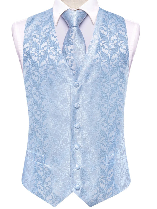 Men's Vest Set with Necktie and Pocket Square – Light Blue Double Breasted Waistcoat for Banquets and Formal Occasions
