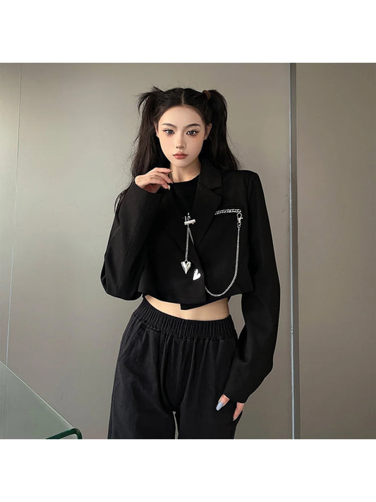 Women's Black Gothic Blazer Jacket Y2k Gyaru 2000s Vintage Dark style Long Sleeve Emo Outerwear Cropped Suit Coat Spring Autumn