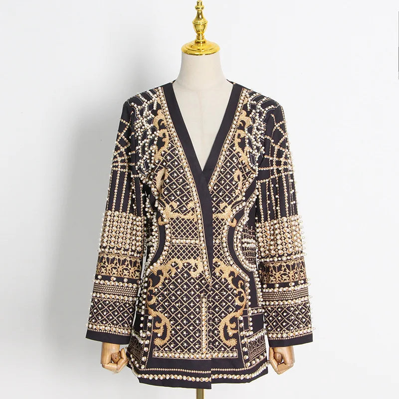 Autumn New Women's Elegant Fashion Luxury Heavy Craft Beaded Printed Coat Stylish V-neck Long Sleeve High-end Blazer HK8297
