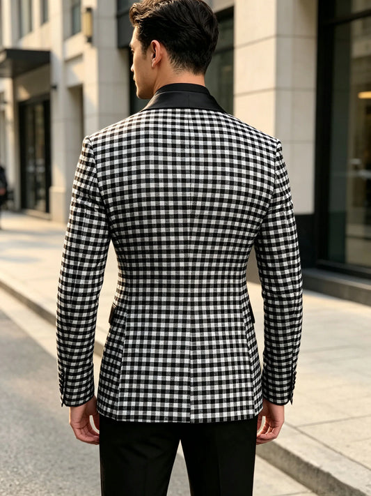 100% Cotton Men's Plaid Jacket Black Patchwork Collar Double Breasted Man Jacket Business Slim Fit Coat For Office Wedding Daily