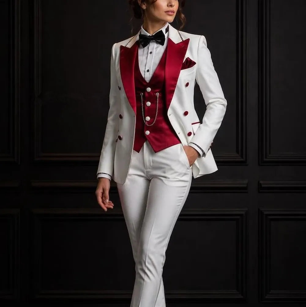 White And Dark Red Formal Business Women Suit Wedding Party Prom Ladies Mother Girl Tuxedos Costume 3 Piece Set Blazer Vest Pant