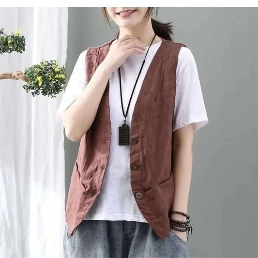 Retro Style Female Sleeveless Camisole Jacket Women Loose Cardigan Vest Coat Summer Ladies Leisure Short Waistcoat Outwear