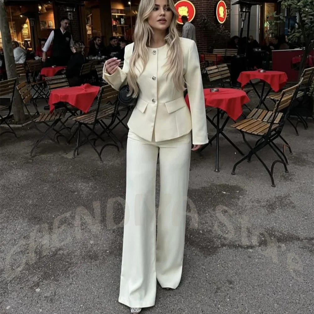 Luxury Women's Suit 2 Piece Slim Fit O-Neck Single Breasted Blazer Set Elegant Formal Business Office Wear Casual Outfit