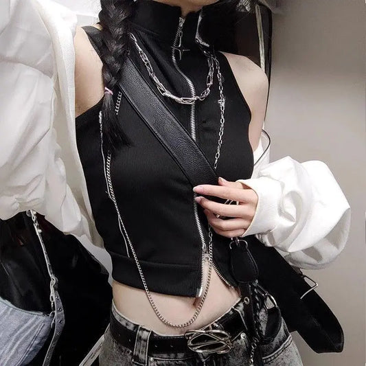 American Retro Double Zipper Camisole Women's Design Sense Niche Girl Slim Short Sleeveless Jacket Women Black Vest Waistcoat