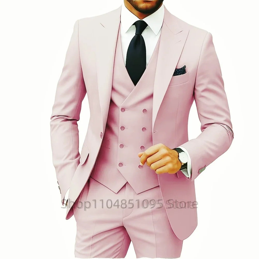 Solid Color Fashion Men Formal Business Suits Wedding Suit Slim Fit Groom Tuxedos 3 Pcs Set Dress Peak Lapel Blazer Vest Pants
