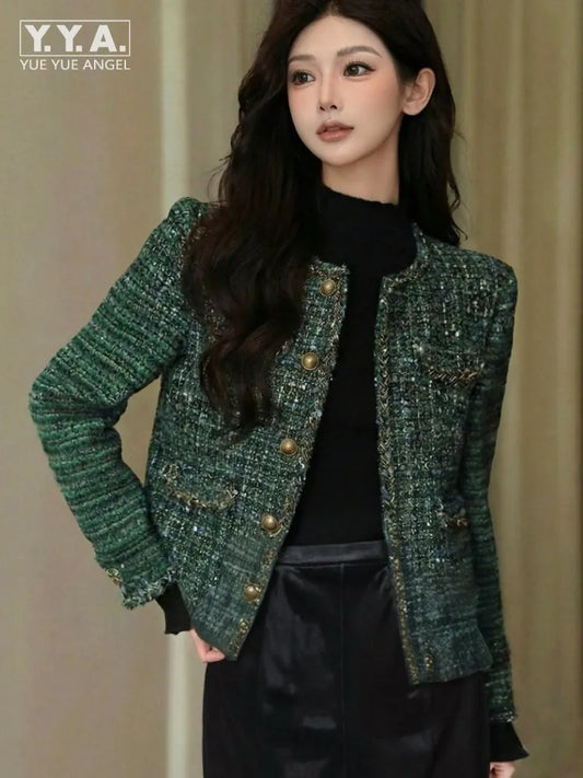 Spring Autumn Women Office Fashion Multi Pockets Slim Fit Jacket O Neck Single Breasted Long Sleeve Ladies Designer Short Coat