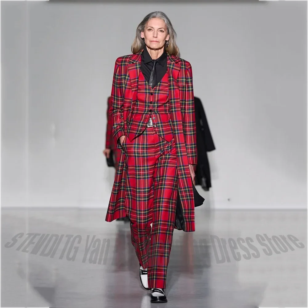 High Quality Women's Suit 3 Piece Elegant Chic Red Tartan Notch Lapel Long Blazer Vest Pants Fashion Runway Party Formal Outfit