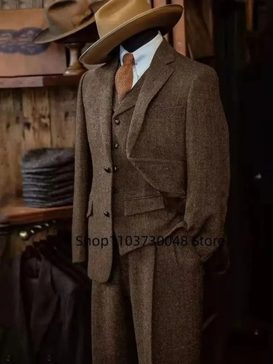 Brown/Gray Men's Wool Tweed Slim Fit 3 Piece Suit Winter Formal Herringbone Business Groom Tuxedo Male Jacket Vest Pants Set
