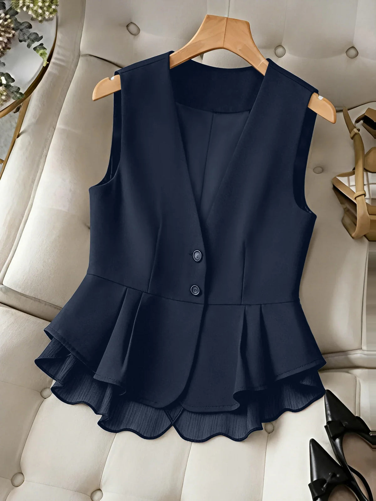 Women's Elegant V-Neck Peplum Vest, Sleeveless Button Down Blazer Waistcoat with Layered Chiffon Hem for Business Casual Office