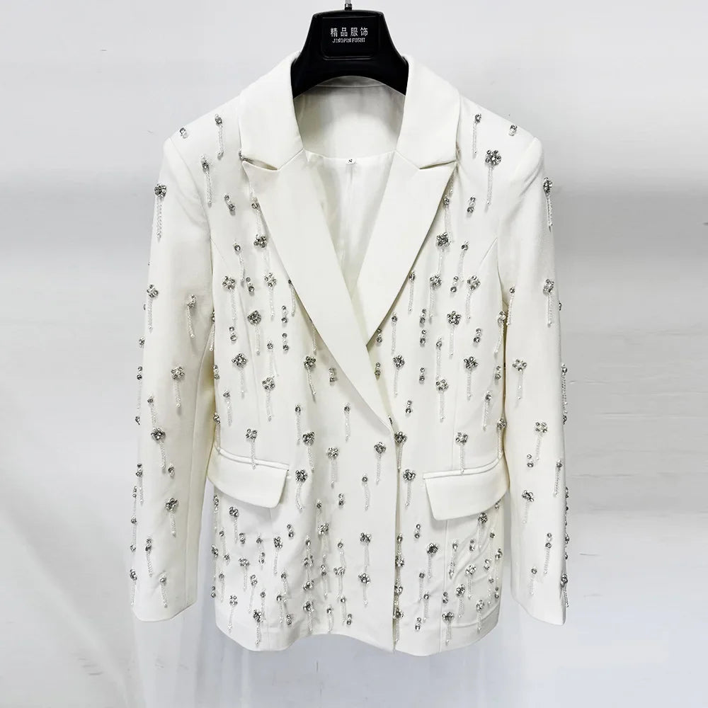 Solid Blazer Women Beaded Rhinestone Embellished Lapel Long Sleeve Dangling Charms Formal Evening Party Suit Jacket 2026